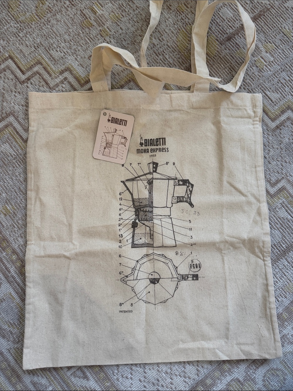 NWT Bialetti Moka Express Canvas Tote - Natural with Black Print